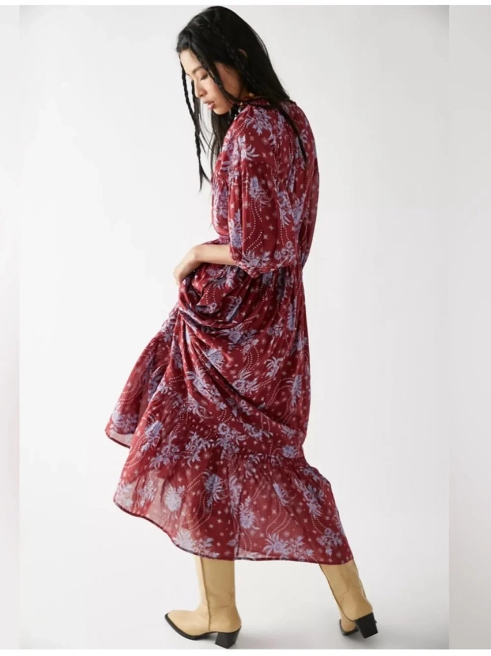 Free People Golden Hour Wine Combo Maxi Dress Red Blue Boho Cottagecore Medium